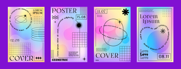 Aufkleber - Rainbow hologram y2k gradient brutal posters. Vector line abstract geometric shapes and aesthetic graphic frames with stars, circles, dots and sparks, hearts and arches on pastel gradient background