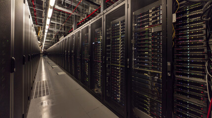 Poster - A long hallway with many computer servers