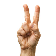 Hand making a peace sign gesture with two fingers raised, isolated on a white background. Symbol of victory, peace, and harmony.