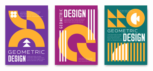 Poster - Business poster templates, abstract modern geometric pattern with bold and vibrant text and shapes in purple, pink, and green colors. Vector background, cover or banner layouts, vertical retro posters
