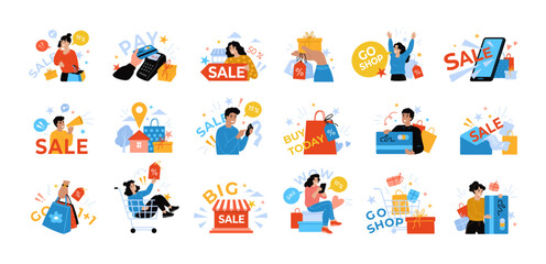 Aufkleber - Shop icons. Online shopping. Store sale. Outline woman making purchase. Man paying order by smartphone. Mobile app service. Boutique discount. People buy clothing. Vector concepts set