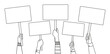 © Vector Tradition - Protest demonstration hands with banners and signboard. Vector line drawing of several arms holding blank placards, suggesting a scene of protest or advocacy, conveying activism or public expression