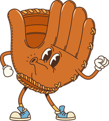 Aufkleber - Retro groovy leather baseball glove character. Isolated cartoon vector playful sports equipment personage with a smiling face and sneakers exudes a sense of fun, nostalgia and vintage hippie vibes
