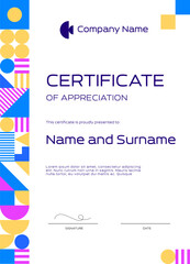 Poster - Certificate of appreciation template with abstract modern geometric pattern, vector background. Education award and appreciation diploma certificate template with geometric simple shapes pattern