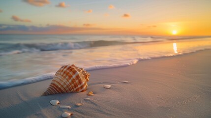 Wall Mural - A lone seashell rests on the sandy shore, illuminated by the warm glow of the setting sun