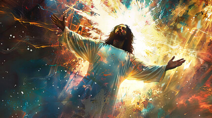 Wall Mural - A digital painting depicting Jesus Christ ascending into the heavens surrounded by vibrant colors and celestial patterns