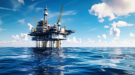 Wall Mural - A large offshore oil and gas platform stands tall in the blue waters, under a bright summer sky, with fluffy white clouds adding depth to the scene