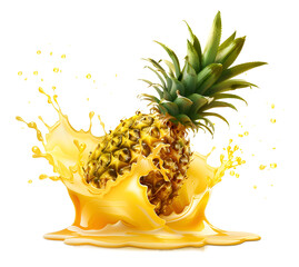 Wall Mural - piece of pineapple in juice splash on transparent background