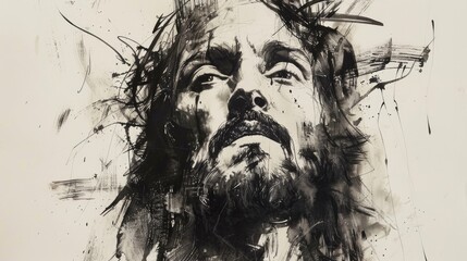 Poster - Jesus Christ. Portrait of Jesus with crown of thorns. Black and white. Digital illustartion.