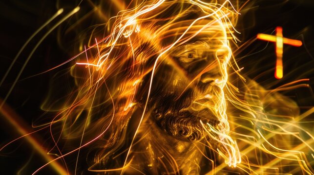 Jesus Christ. Beams of light painting the portrait. Digital painting.