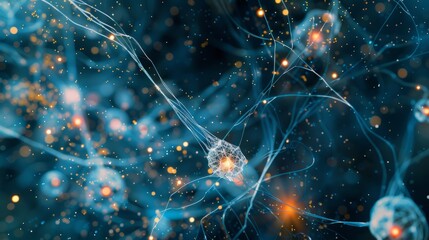 Wall Mural - Wide-angle photograph of a digital artwork depicting neural connections and AI-driven strategies, featuring abstract patterns and a blue background with golden and orange highlights