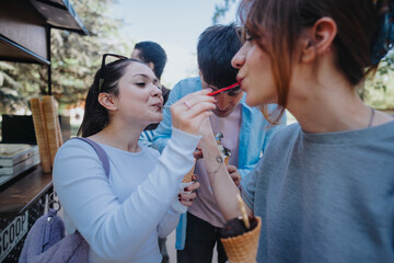 Poster - A group of friends enjoys ice cream from a cone while gathered around a park food stall, sharing delicious moments.