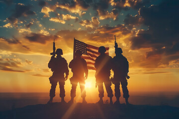 A group of soldiers stands proudly with the USA flag at sunrise. The concept of Veterans Day and Independence Day. Generative AI.