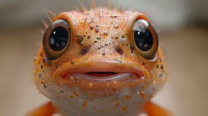 Wall Mural - A close-up of a fish with orange and white skin, looking at the camera. The fish has large eyes and is covered in orange and white scales.