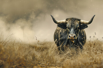 A bull stands in the middle of a deserted field. Wildlife Animals.