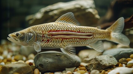 Wall Mural - A fish with a red stripe on its side is sitting on a rock. The fish is surrounded by rocks and gravel.