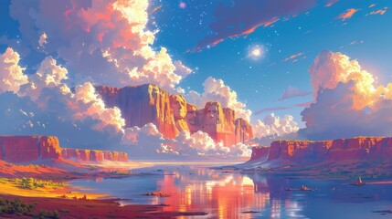 Wall Mural - A beautiful painting of mountains and clouds with a pink and blue sky. 