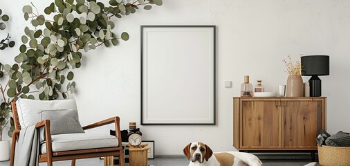 Wall Mural - Elegant living room interior design with mock up poster frame. Generative Ai