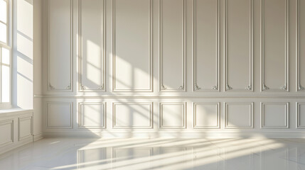 Wall Mural - Contemporary beige white bright empty interior with wall panel and moldings. Generative Ai