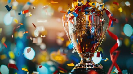 Champion trophy or winner's trophy in gold and silver chrome for winning football match with celebration confetti and ribbon decoration as wide banner with copy