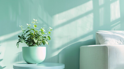 Wall Mural - Modern interior design in green studio with plant pot and sofa. Generative Ai