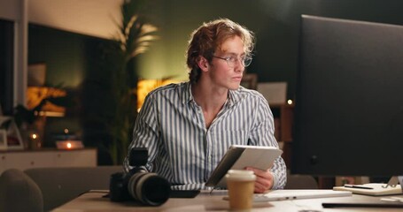 Aufkleber - Night, office and man with tablet for editor, photographer or online design with tech, software or scroll. Computer, photography or editing with digital app for creative research, production or ideas
