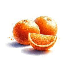 Wall Mural - Watercolor illustration of oranges with vibrant orange skin, one cut open to show the juicy interior. The fruits are depicted on a white background, highlighting their fresh and nutritious appearance.