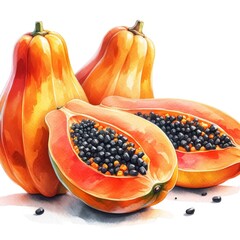 Wall Mural - Watercolor illustration of papayas with vibrant orange color and black seeds, some cut open to show the interior. The fruits are depicted on a white background, highlighting their fresh and tropical a