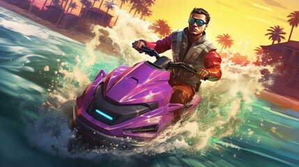 Wall Mural - Jetski colorful comic book style artwork