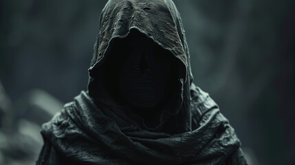 Monk in a black hood without a face, an ominous frightening figure, dark sorcerer, mage, wizard, spirit. Dark horror concept