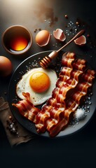 A plate of crispy bacon is surrounded by breakfast ingredients, including an egg, toast, oil, garlic, salt, pepper, and ketchup. The bacon is cooked to perfection, with a golden brown exterior