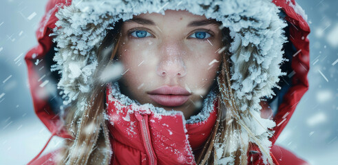 Poster - A female model is standing in a snowstorm wearing a red down jacket, front view. Generative AI.