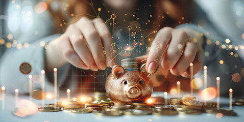 Aufkleber - A hand woman picking up coins and dropping them into a piggy bank, with coins scattered on the background and digital images of increasing financial symbols floating on a graph. Generative AI.