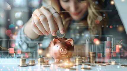 Poster - A hand woman picking up coins and dropping them into a piggy bank, with coins scattered on the background and digital images of increasing financial symbols floating on a graph. Generative AI.
