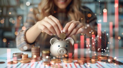 Aufkleber - A hand woman picking up coins and dropping them into a piggy bank, with coins scattered on the background and digital images of increasing financial symbols floating on a graph. Generative AI.