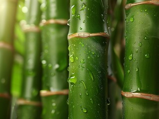 Canvas Print - A lush bamboo forest with detailed textures of green bamboo stalks with water dew, perfect for natural and calming backdrops or environmental projects.