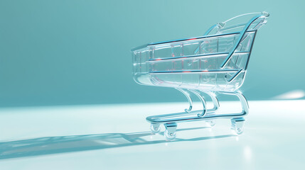 Shopping cart in glass effect on pastel background. shopping online concept.