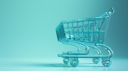 Shopping cart in glass effect on pastel background. shopping online concept.