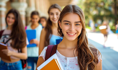 Cheerful Smart Brunette College Girl Holding Notebooks Smiling with Friends Outside Campus Building After Passing Tests on Sunny Day