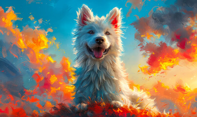 Adorable Samoyed Dog in Colorful Artistic Background with Vibrant Sky and Clouds, Capturing Playful and Joyful Mood