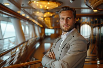 Poster - A portrait of smart man on main floor of luxury liner. Generative AI.