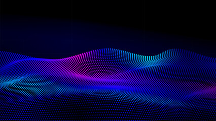 Poster - Dots wave particles glowing on dark background, perspective abstract digital background
