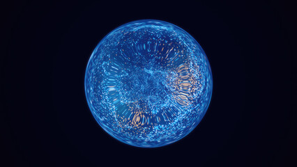 abstract blue bright glowing background with a sphere core atom energy burning ball circle made of w