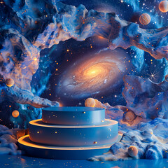 Wall Mural - blue double podium with glowing orange lights against a cosmic galaxy background featuring stars and