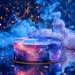Wall Mural - galaxy mirror glaze cake with blue smoke and golden glitter decoration on blue festive background wi