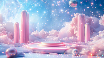 Wall Mural - pink and blue pastel podium with neon lights on dreamy cloudscape background for product placement 3