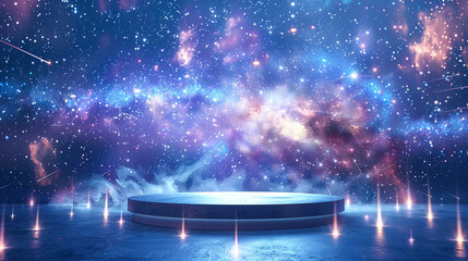 Wall Mural - empty concrete podium with blue glowing lights on futuristic sci-fi galaxy starry night sky backgrou