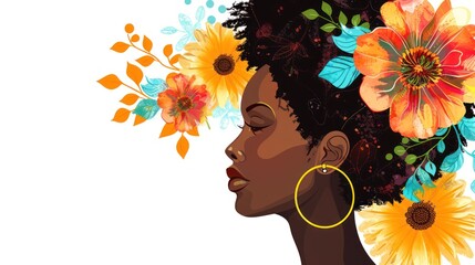 Wall Mural - Develop a vector illustration of an African American woman's profile, adorned with vibrant flowers and a stylish gold hoop earring against a clean white background. isolated white background