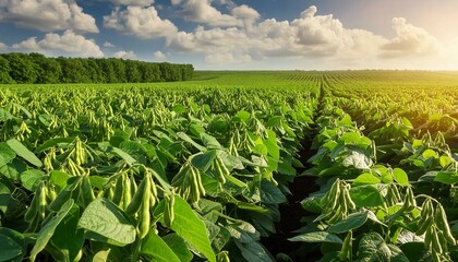 Wall Mural - wheat field at sunset, wallpaper texted green peas in a pod, field in the summer, corn field in the morning, corn field in spring, Agricultural soy field Soybean pods and foliage on stems