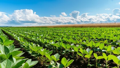 Wall Mural - wheat field at sunset, wallpaper texted green peas in a pod, field in the summer, corn field in the morning, corn field in spring, Agricultural soy field Soybean pods and foliage on stems